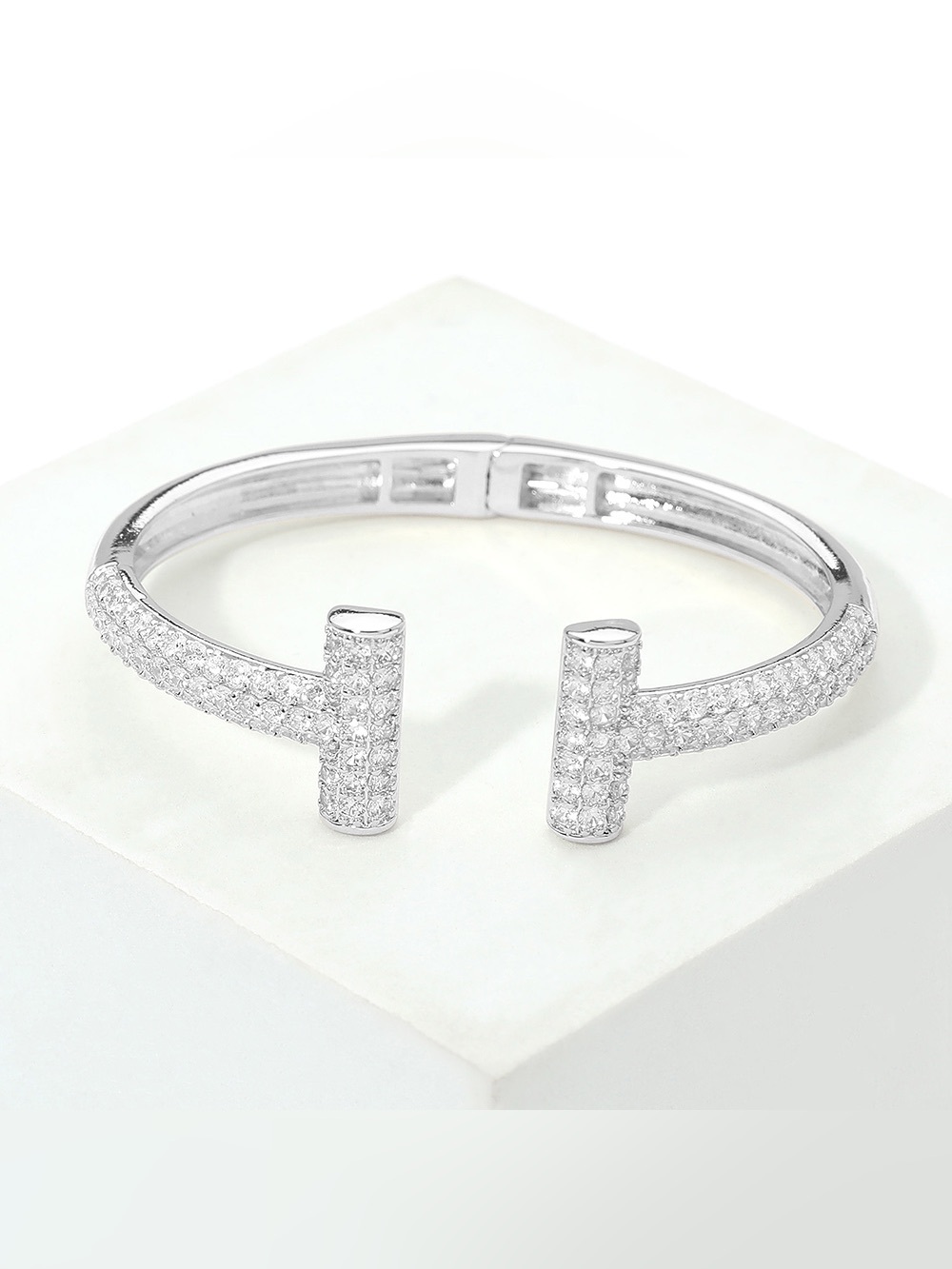 14K White Gold Plated T Bar Pave Tip Hinged Bracelet